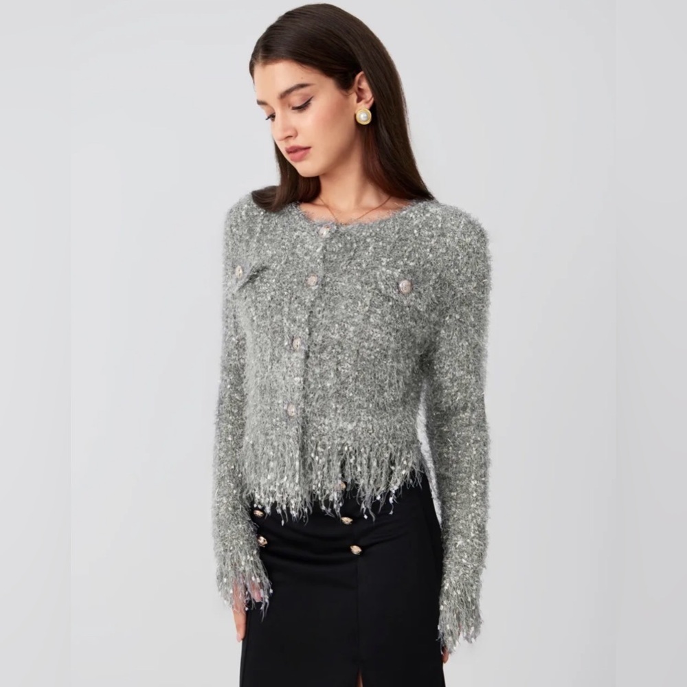 Cider FUZZY ROUND NECK BUTTON METALLIC KNITTED LONG SLEEVE CHIC CARDIGAN L CR1-5 - Picture 4 of 11